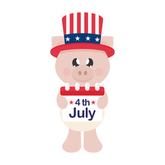 4 july cartoon cute pig in hat with calendar