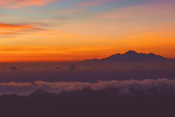 View of sunrise from the Mount Batur volcano, Bali, Indonesia.