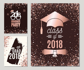 Graduation 2018 greeting cards set with rose gold confetti. Tree vector grad party invitations. Class of Grad posters. All isolated and layered