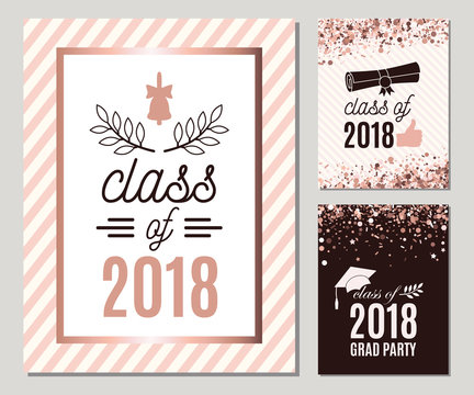 Graduate 2018 greeting cards set with rose gold confetti. Tree vector grad party invitations. Class of Grad posters. All isolated and layered