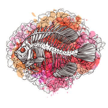 Fish Skeleton. Hand Drawn Sketch Style. Fish On The Flowers Floral Background With Watercolor Blots. Fashion Print And Hipster Poster