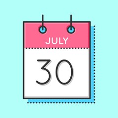 Vector Calendar Icon. Flat and thin line vector illustration. Calendar sheet on light blue background. July 30th. Happy Friendship Day