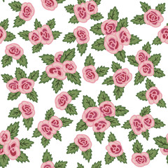 Colorful seamless pattern. Hand drawn pink roses on white background