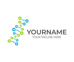 DNA from gears, molecular biology, genetics and engineering, logo template. Artificial intelligence, innovation and technology, vector design. Science and medicine, illustration