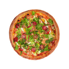 Appetizing pizza is isolated on a white background.