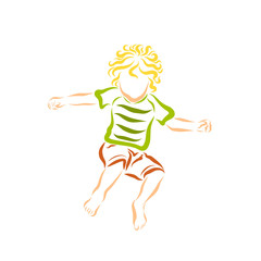 Jumping child with yellow curly hair