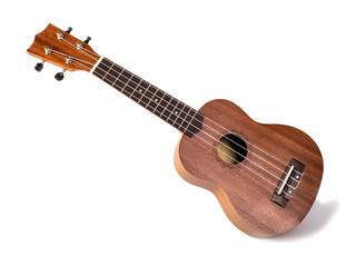 The brown ukulele on the white background
