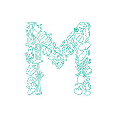Alphabet Vegetable pattern set letter M illustration kids hand drawing concept design green color, isolated on white background, vector eps 10