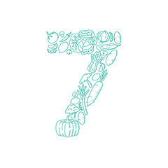 The letter number seven or 7, in alphabet Vegetable pattern set illustration kids hand drawing concept design green color, isolated on white background, vector eps 10