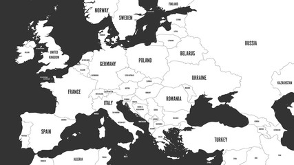 Naklejka premium Map of Europe without Scandinavian states. White vector map on dark grey background.