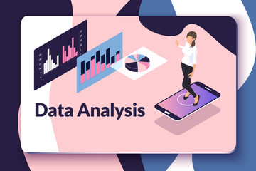 Data analysis vector illustration with isometric woman, smartphone, graphs and charts. Business concept of working process. Presentation of information analytics using technology and software