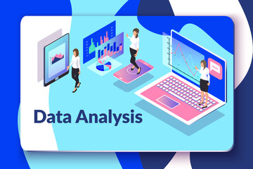 Data analysis vector illustration with isometric people, laptop, smartphone, tablet, graphs. Business concept of working process. Presentation of information analytics using technology and software