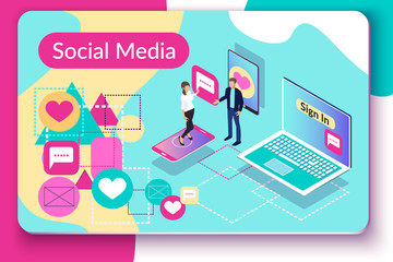 Social media concept. Vector illustration with isometric talking people, laptop, smartphone, tablet. Man and woman characters communicate online using devices, network app and website.