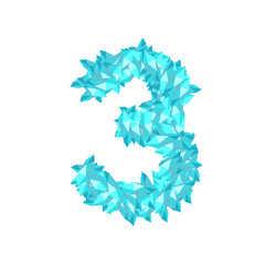 The letter number three or 3, in the alphabet Crystal diamond 3D virtual set illustration Gemstone concept design blue color, isolated on white background, vector eps 10