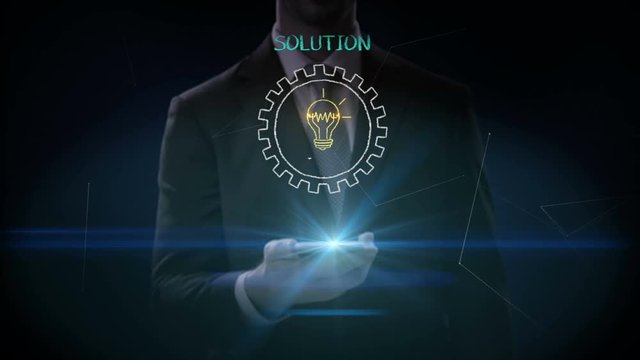 Businessman lifting a smart phone, mobile, Drawing success, solution concept with gear wheel on chalkboard, creative, strategy. Animation. 4k movie