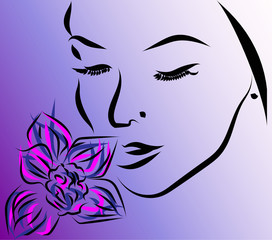 Lady Face Smelling Flower Blossom Purple Pink Illustration
