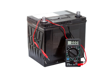 Car battery with digital multimeter.