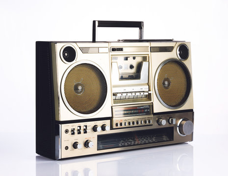 Stylish retro boombox on white