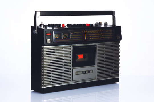 Stylish retro boombox on white