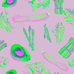 Vegetarian Seamless Pattern. Repeatable Pattern with Healthy Food. Hand Drawn Watercolor Vegetables.