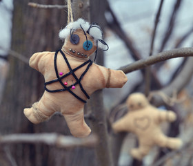 Voodoo doll with pins hanging on the tree. Mystic background with ritual esoteric objects, occult...