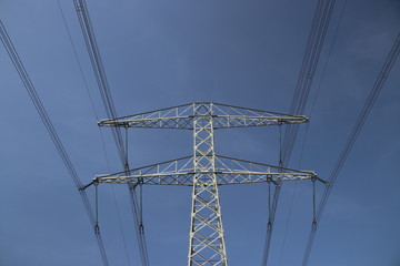 Powerlines with blue sky in close-up above the Hennipgaarde in Zevenhuizen, the Netherlands