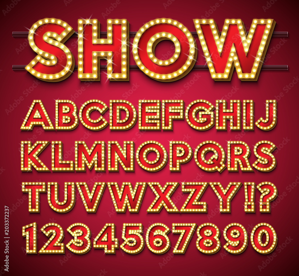Poster light bulb alphabet with gold frame and shadow on red backgrond. glowing retro vector font collectio