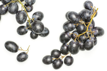 Black grape clusters (autumn royal variety) with two purple berries top view isolated on white background.