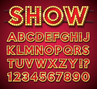 Light Bulb Alphabet with gold frame and shadow on red backgrond. Glowing retro vector font collection with shiny bright lights. ABC and number design for casino, night club or cinema. Layered