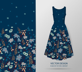 Hand drawn Floral pattern on dress mockup. Seamless vector texture. Elegant template for fashion prints. Surface with meadow flowers and herbs. Blue background