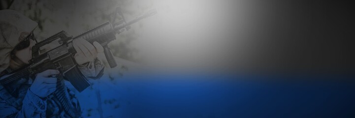 High angle view of military soldier guarding with rifle