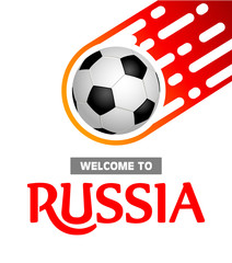 Soccer ball isolated on white background rapidly flies down. Welcome to Russia. Template design with blank space for text for a banner or cover.