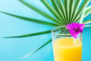 Close Up of Tall Glass with Freshly Pressed Tropical Fruits Juice Straw and Small Flower. Round Palm Tree Leaf on Blue Background. Vacation Summer Travel Healthy Superfoods Concept.