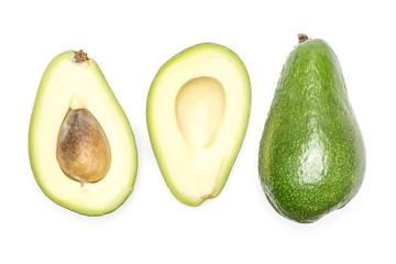 Green smooth avocado collection top view isolated on white background bacon variety one whole two section halves seed.