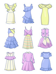 Set of cute short summer dresses, in Baby doll style, isolated on white background