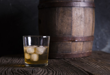 Whiskey with ice. Top view with copy space