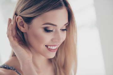 Close up portrait of successful, pretty, charming, gorgeous, cheerful, cute, modern, naked, nude, natural, positive, correcting her hair behind ear, skincare, bodycare, healthcare concept