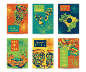 Brazil carnival template design for posters, banners, flyers, placards, brochures. Drums tam tam, maracas, brazil map, parrot, mask and palm leaves. Traditional symbols set. Vector illustration 