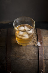 Whiskey with ice. Top view with copy space