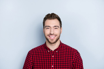 Close up portrait of cheerful excited joy fun enjoying rejoicing handsome confident attractive smart delightful it-specialist wearing casual clothes isolated on gray background copy-space