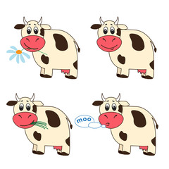 Set of four cartoon cows in different situations