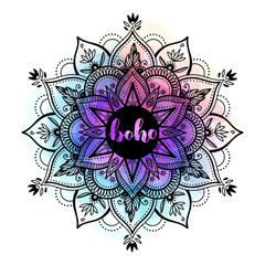 Black ink mandala on watercolor background. Boho style design with colorful aquarelle on white isolated background.