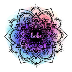 Black ink mandala on watercolor background. Boho style design with colorful aquarelle on white isolated background.