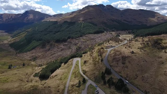 Aerial footage of the road to Lochgoilhead from the Rest and be Thankful car park.