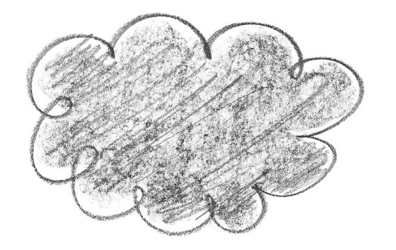 Black hatching grunge graphite pencil cloud, speech bubble drawing texture isolated on white background, design element