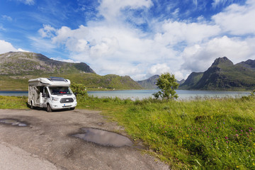Beautiful scandinavian landscape with mountains and fjords. Car trip on camper car. Lofoten islands, Norway.