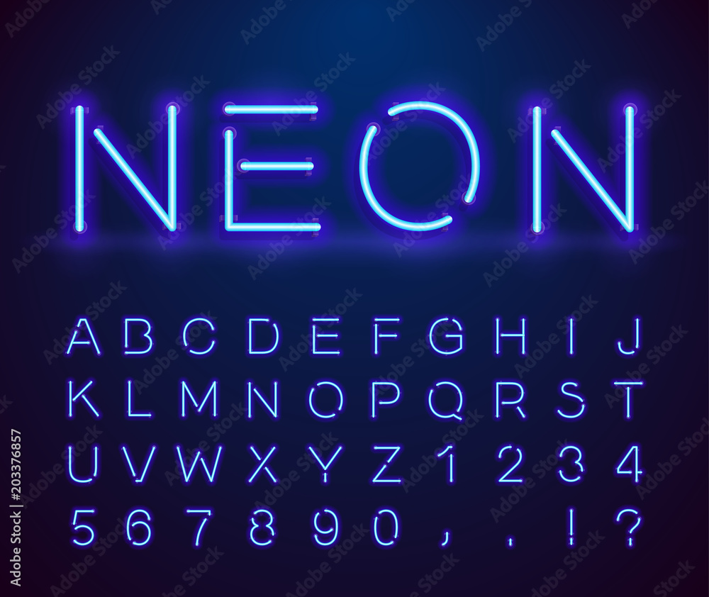 Poster set of letters in neon style. vector font with light effect. set of letters, numbers, text and font.