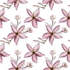Hand painted watercolor floral pattern pink purple colors seamless frangipani magnolia plumeria - 203376816
