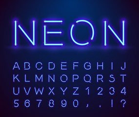 Set of letters in neon style. Vector font with light effect. Set of letters, numbers, text and font. Glow effect. Signboard Design.