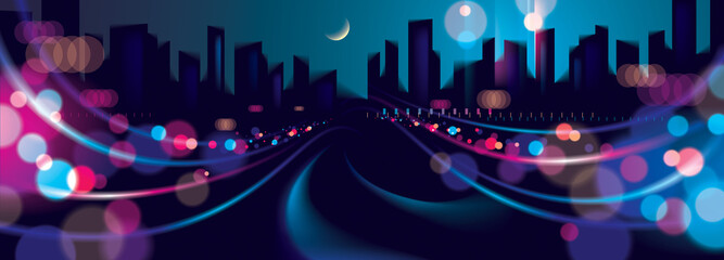 Fototapeta na wymiar Wide panorama big city nightlife with street lamps and bokeh blurred lights. Effect vector beautiful background. Blur colorful dark background with cityscape, buildings silhouettes skyline.